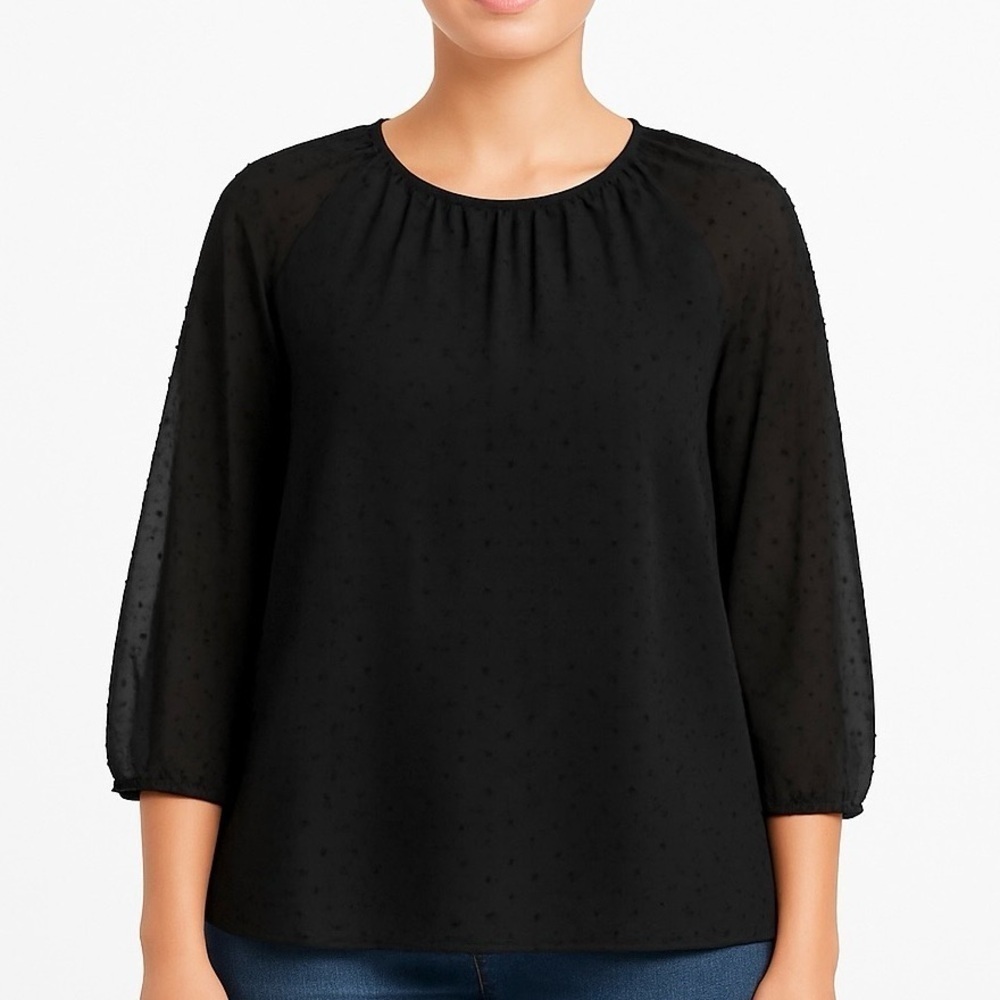 🌺 Old Navy Black Swiss Dot Sheer Chiffon Blouse S Boho Oversized Long Sleeve